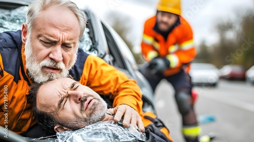 Emergency responders provide aid to an injured man at the scene of an accident, showcasing teamwork and compassion. photo