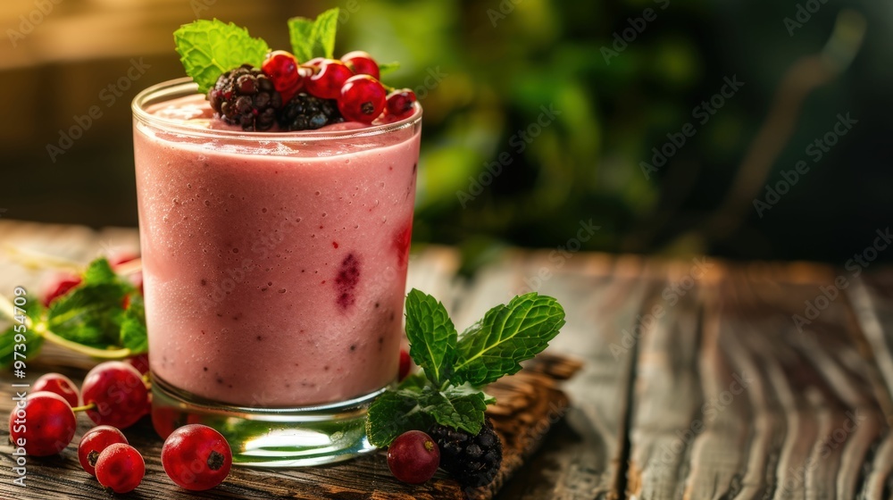 Berry Bliss Smoothie: A symphony of summer flavors in a glass, adorned with fresh berries and mint on a rustic wooden table. 