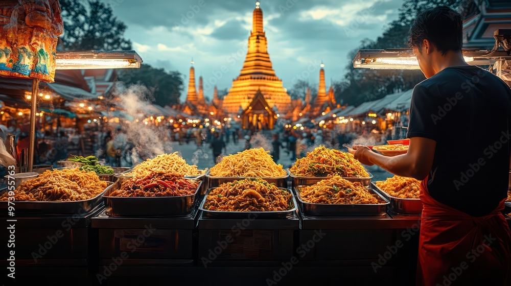 Obraz premium A solo traveler eating pad thai at a bustling street market with the magnificent Grand Palace in Bangkok glowing in the distance, reflecting Thailand