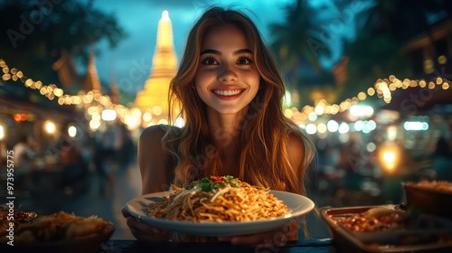 A solo traveler eating pad thai at a bustling street market with the magnificent Grand Palace in Bangkok glowing in the distance, reflecting Thailand photo