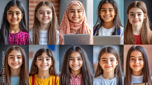 A multicultural classroom view with students of various ages and ethnicities, each participating in a virtual lesson from home. The image features a clean, modern design with laptops and tablets,