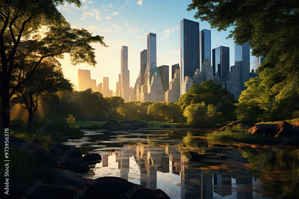 Fototapeta premium Central Park City skyline at sunset with iconic buildings and park reflecting in the water