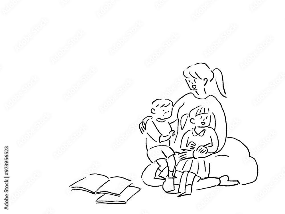子供と母親、保育士、線画
子供と母親、保育士、線画