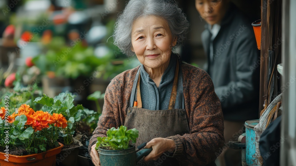 A senior Asian woman, 60-75 years old, gardening in her small backyard with a watering can in hand. Her spouse is nearby, watching her with admiration, their connection evident in their body language. A senior Asian woman, 60-75 years old, gardening in her small backyard with a watering can in hand. Her spouse is nearby, watching her with admiration, their connection evident in their body language.