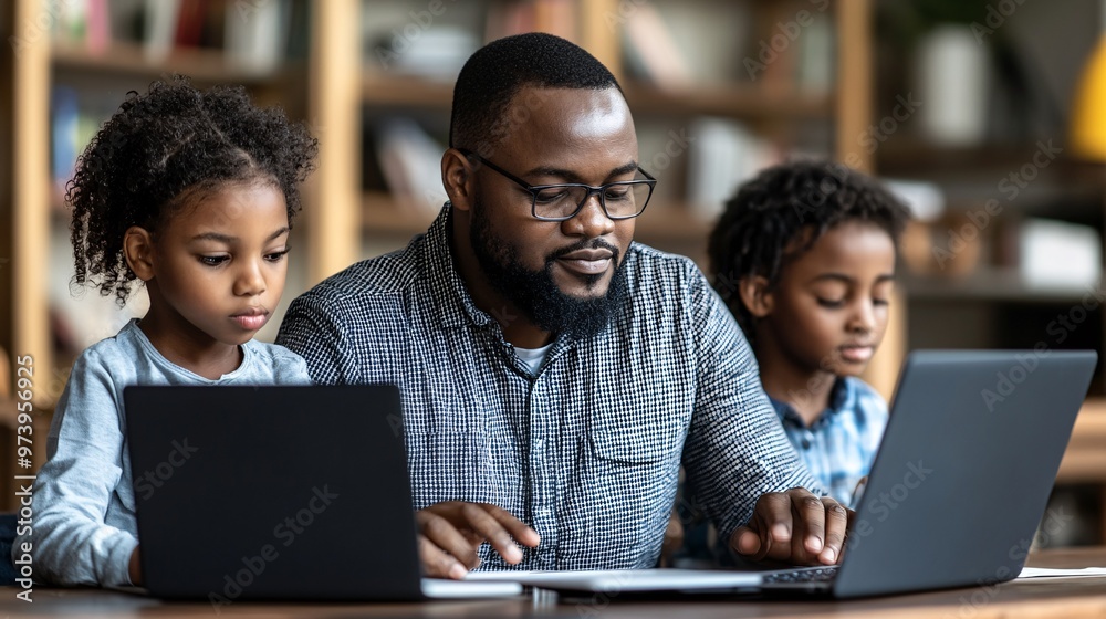 A diverse family gathered in the living room, with an older adult learning a new language on their tablet while the younger family members are engaged in schoolwork on laptops. The environment A diverse family gathered in the living room, with an older adult learning a new language on their tablet while the younger family members are engaged in schoolwork on laptops. The environment
