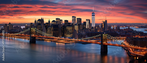 Sunset city skyline with skyscrapers reflecting on the river