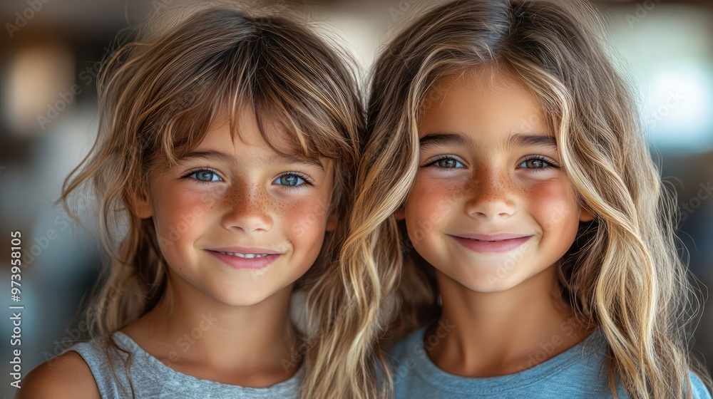 A pair of young friends, ages 10-15, smile and stand side by side in a house against a bright, clean background. A pair of young friends, ages 10-15, smile and stand side by side in a house against a bright, clean background.