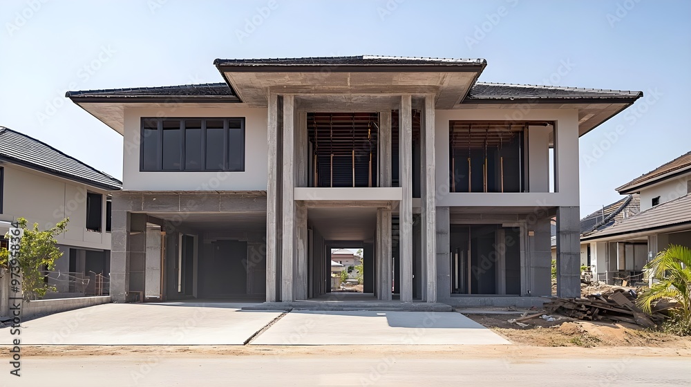 Modern house under construction showcasing minimalist architecture with wide windows and concrete structure. Modern house under construction showcasing minimalist architecture with wide windows and concrete structure.