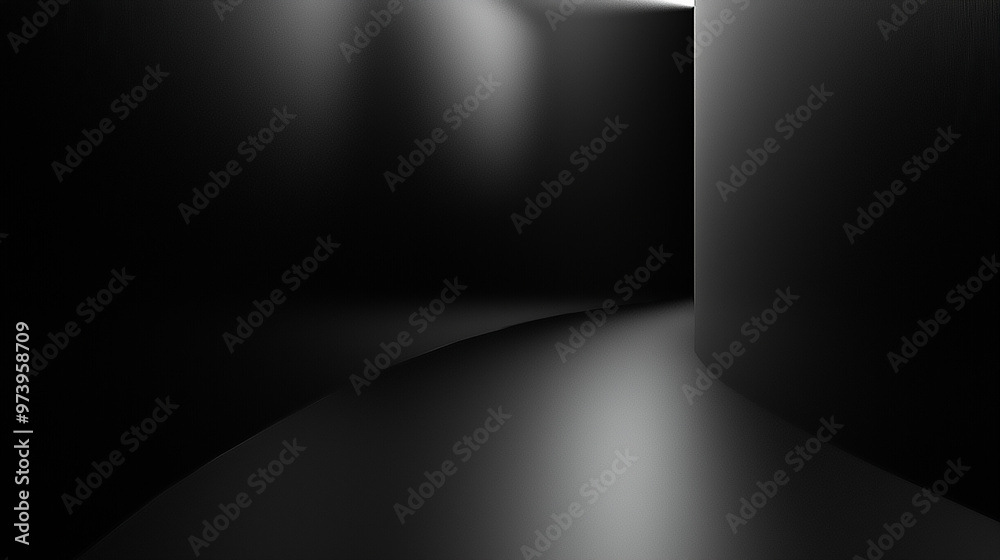 Dark empty studio room with three spotlights illuminating a minimalist black background, perfect for product photography or dramatic presentations, copy