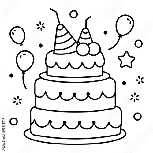 A sweet line drawing of a tiered cake with cherries, frosting, balloons, and hearts all around it.