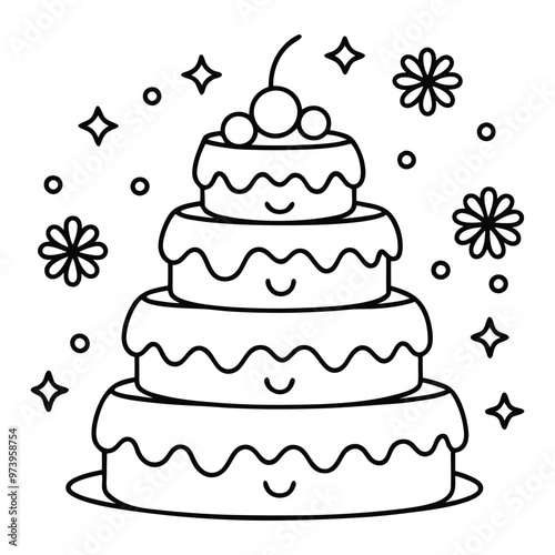 A sweet line drawing of a tiered cake with cherries, frosting, balloons, and hearts all around it.