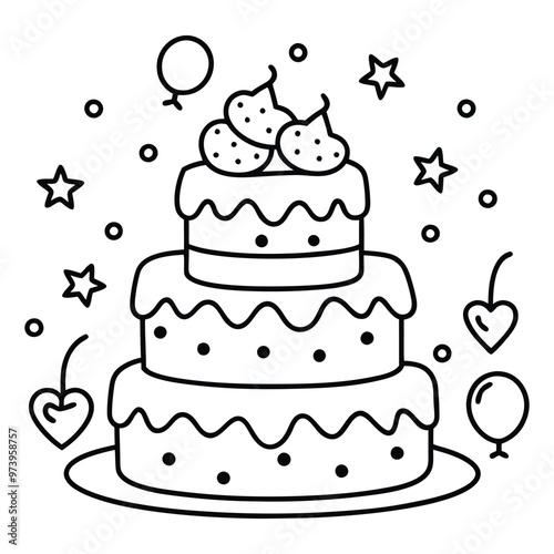 A sweet line drawing of a tiered cake with cherries, frosting, balloons, and hearts all around it.