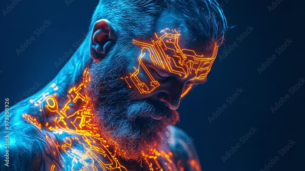 Close up of a bearded fit old man with no shirt looking down while covered in glowing orange neon tattoo's resembling circuits against a black background.