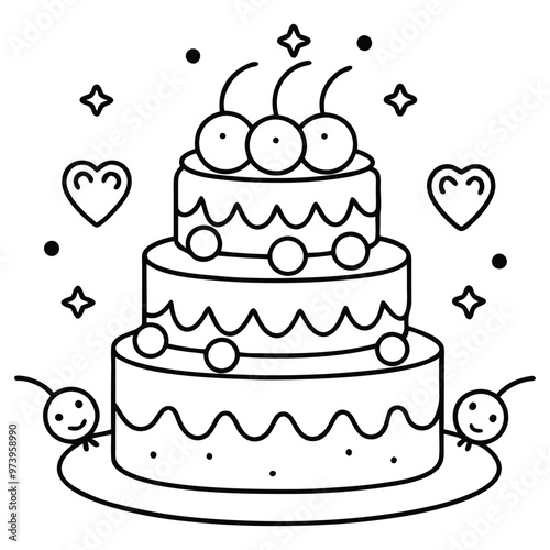 A sweet line drawing of a tiered cake with cherries, frosting, balloons, and hearts all around it.