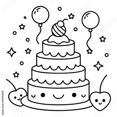 A sweet line drawing of a tiered cake with cherries, frosting, balloons, and hearts all around it.