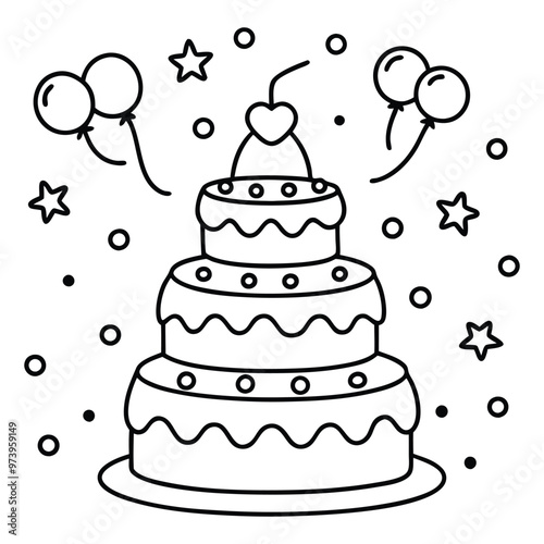 A sweet line drawing of a tiered cake with cherries, frosting, balloons, and hearts all around it.