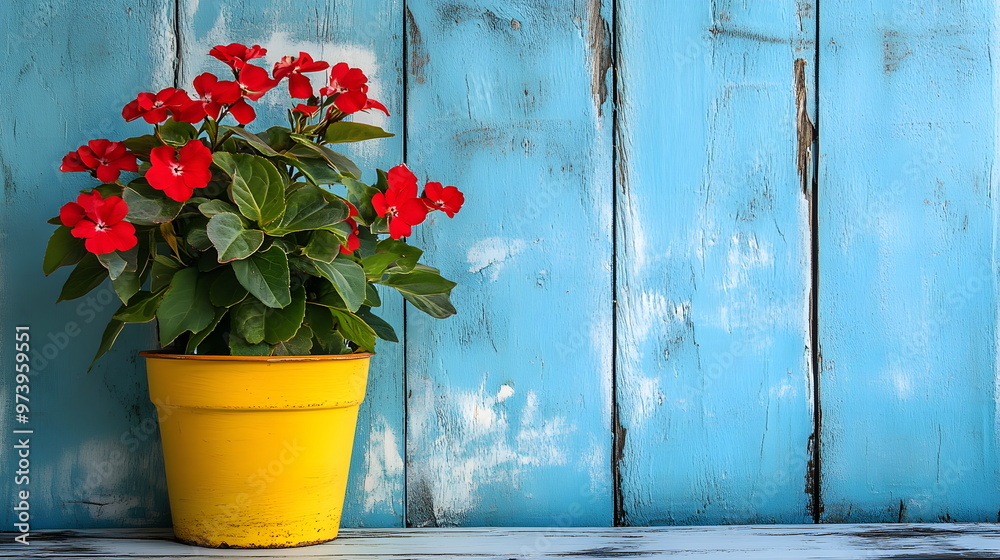 Red flower tree in a yellow pot on a wooden floor in front of a bright blue wall gives a feeling of freshness and liveliness. It is suitable for creating an inviting atmosphere in advertising. Red flower tree in a yellow pot on a wooden floor in front of a bright blue wall gives a feeling of freshness and liveliness. It is suitable for creating an inviting atmosphere in advertising.