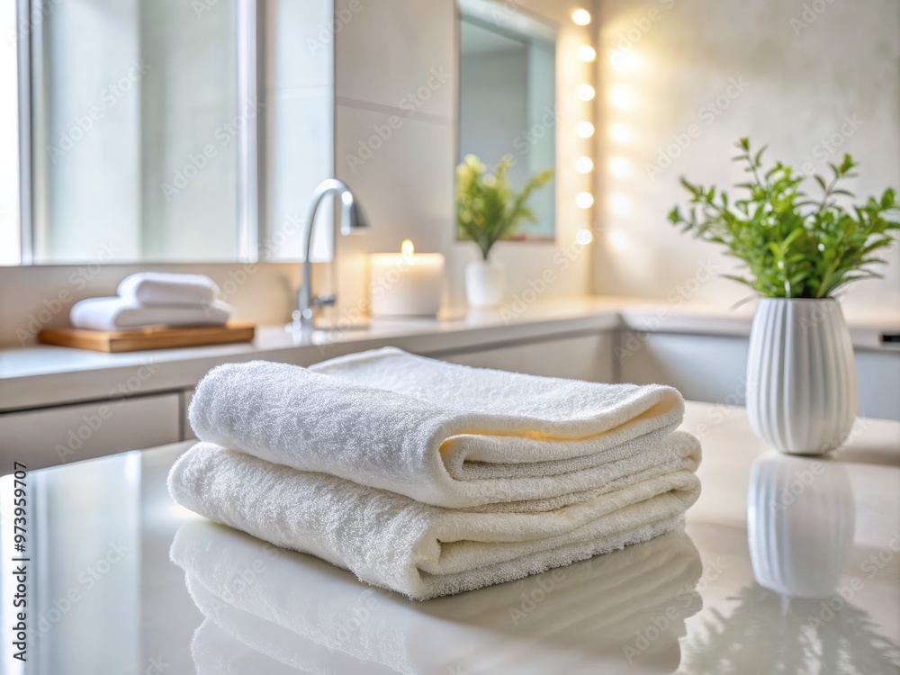 A soft, absorbent, and neatly folded white face towel lies on a crisp bathroom countertop, surrounded by subtle A soft, absorbent, and neatly folded white face towel lies on a crisp bathroom countertop, surrounded by subtle