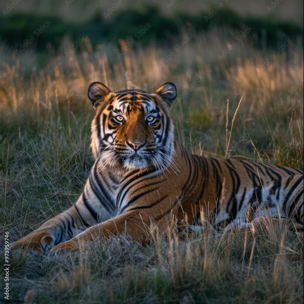 Obraz premium Majestic Bengal Tiger: A regal Bengal tiger, bathed in the golden light of the setting sun, stares intently at the camera, its powerful presence.