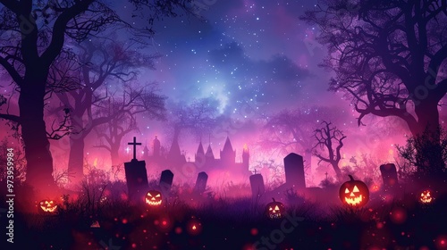 Holiday event halloween web banner background with pumpkin on graveyard .