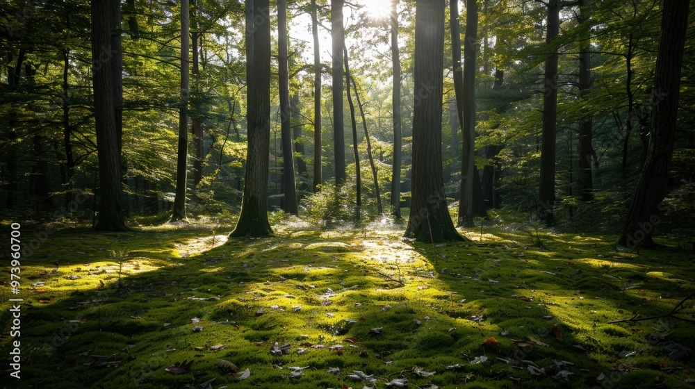 Sunlight Dappled Forest Floor: A tranquil scene of a lush, green forest with sunlight filtering through the trees, casting dappled shadows on the mossy ground. The image evokes a sense of peace. Sunlight Dappled Forest Floor: A tranquil scene of a lush, green forest with sunlight filtering through the trees, casting dappled shadows on the mossy ground. The image evokes a sense of peace.