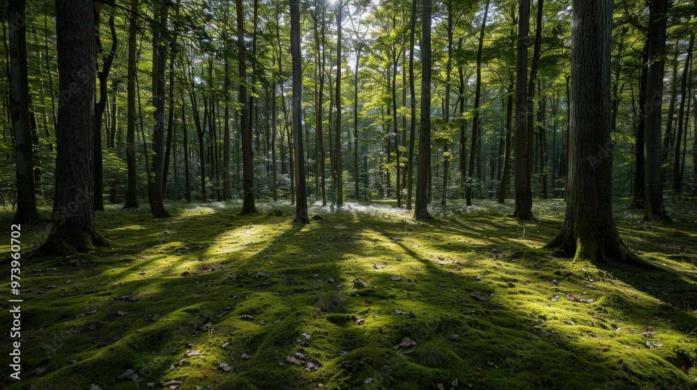 Sun Dappled Forest: A serene and enchanting woodland scene with sunlight filtering through the verdant canopy, casting long shadows on a bed of moss. The tranquil atmosphere evokes a sense of peace an Sun Dappled Forest: A serene and enchanting woodland scene with sunlight filtering through the verdant canopy, casting long shadows on a bed of moss. The tranquil atmosphere evokes a sense of peace an