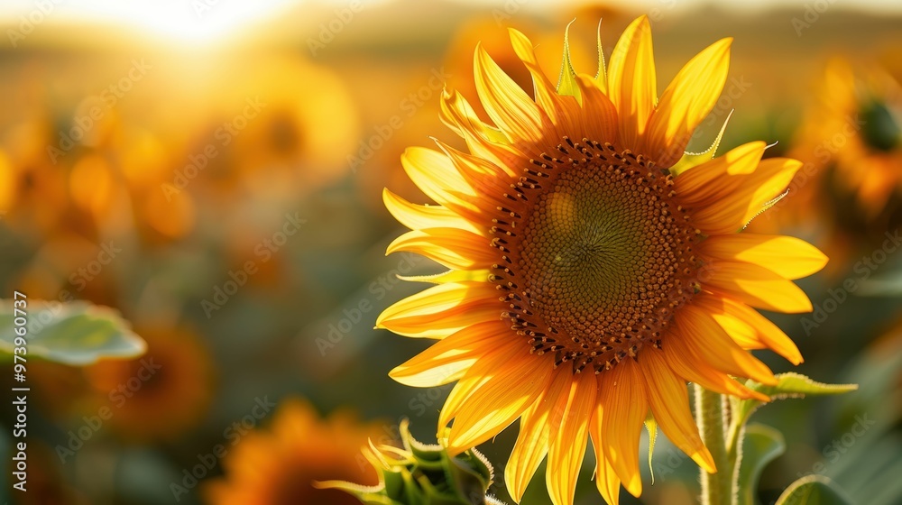 Obraz premium Golden Sunflower at Sunset: A single sunflower blooms with radiant beauty in a field, bathed in the warm glow of a setting sun. The image evokes a sense of peace, optimism, and the beauty of nature. 