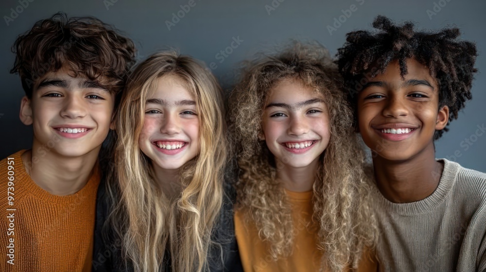 A happy group of diverse 10-15 year-olds standing together in a studio, laughing and posing for the camera against a clean background. A happy group of diverse 10-15 year-olds standing together in a studio, laughing and posing for the camera against a clean background.