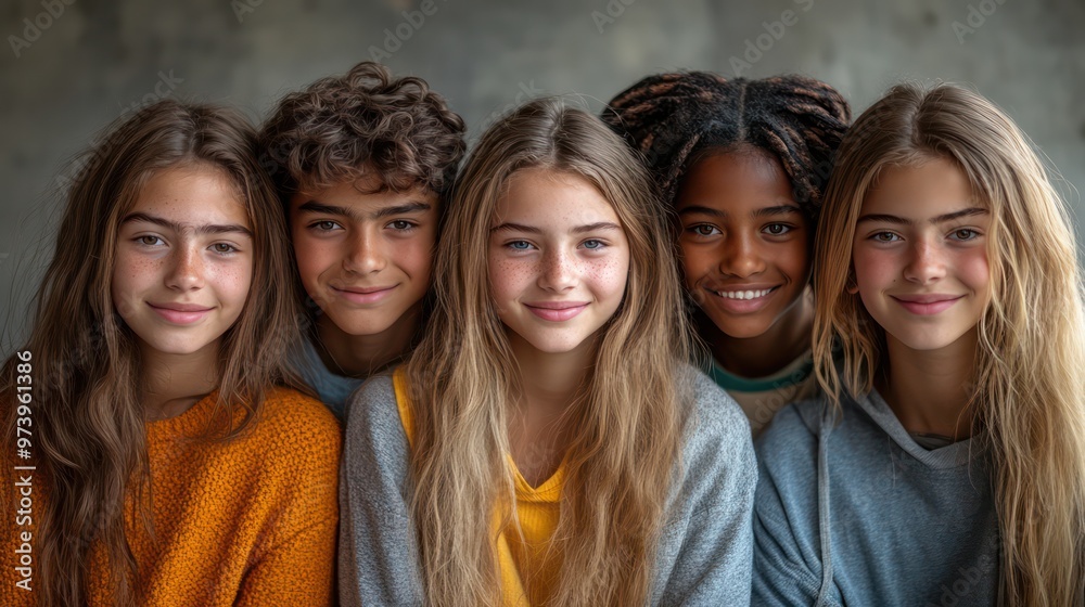 A group of young teens posing confidently and smiling in a studio, showing their bright, playful personalities against a simple background. A group of young teens posing confidently and smiling in a studio, showing their bright, playful personalities against a simple background.