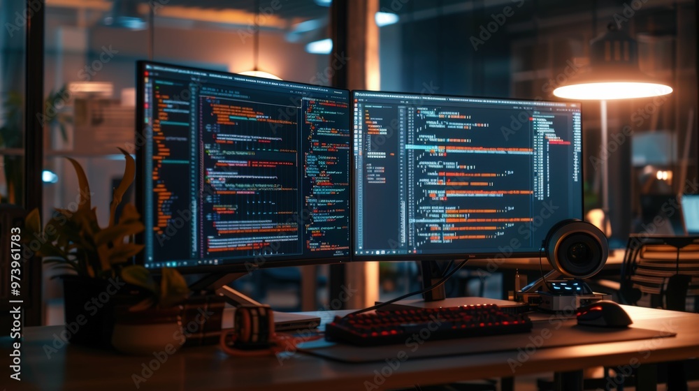 Cyberpunk Programmer's Den: A dimly lit workspace with two large monitors displays complex code, reflecting the dedication and focus of a programmer in a cyberpunk world. The image evokes an atmosphe Cyberpunk Programmer's Den: A dimly lit workspace with two large monitors displays complex code, reflecting the dedication and focus of a programmer in a cyberpunk world. The image evokes an atmosphe