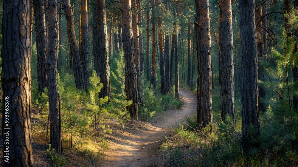 Fototapeta premium Golden Hour Trail Through the Pines 