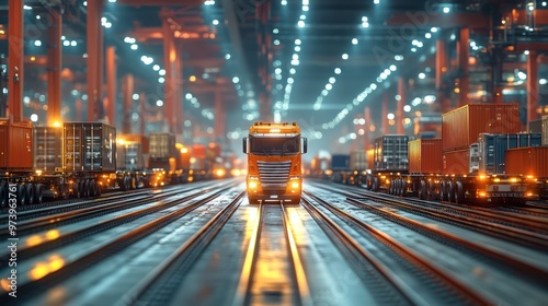 A global logistics hub featuring the integration of freight transportation across ships, trucks, and trains. photo