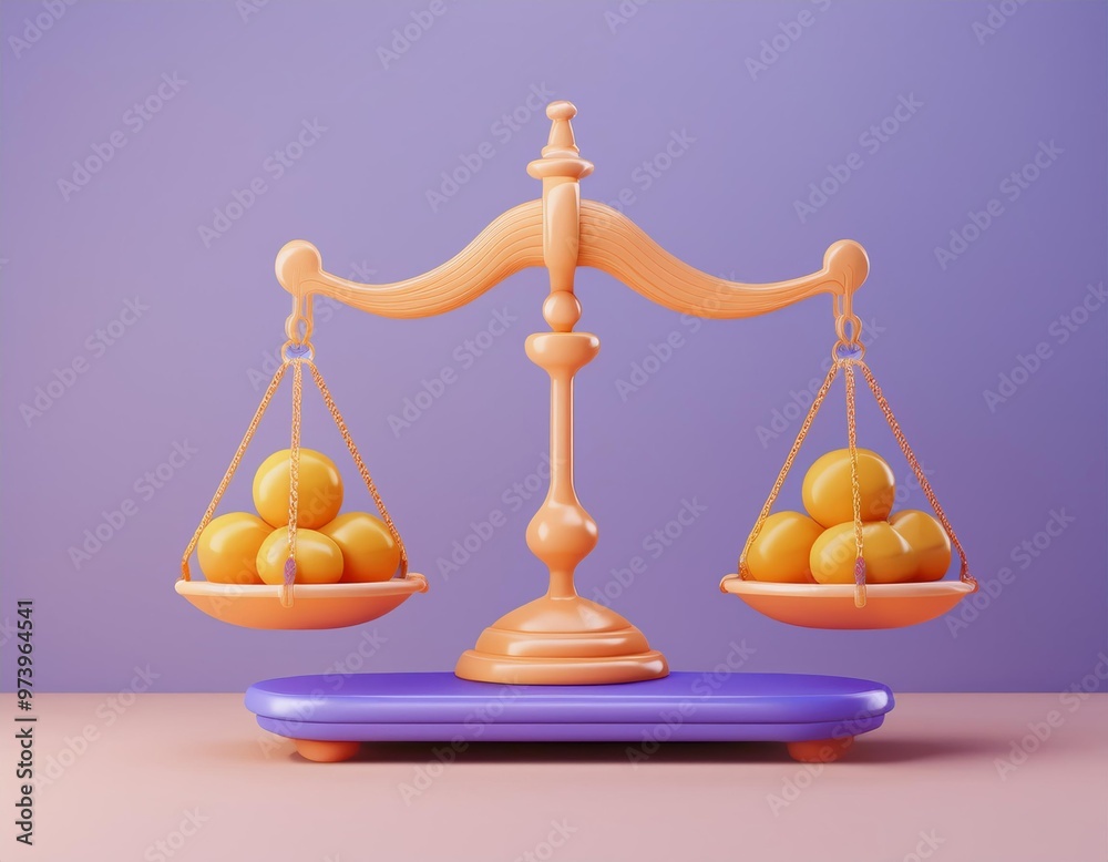 3D balanced scale with four yellow spheres on each side, 3D illustration 3D balanced scale with four yellow spheres on each side, 3D illustration