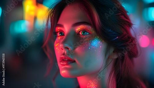 Mesmerizing Portrait of Womans Eyes Drenched in Glitter and Neon Lights, Celebrating Female Beauty and Artistic Expression in Nighttime Abstract Photography