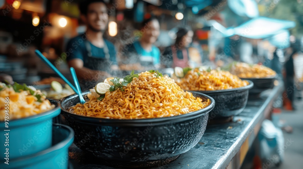 A diverse group of friends in Thailand savoring spicy pad thai noodles at a food stall, laughing and taking a break from exploring the local markets. A diverse group of friends in Thailand savoring spicy pad thai noodles at a food stall, laughing and taking a break from exploring the local markets.