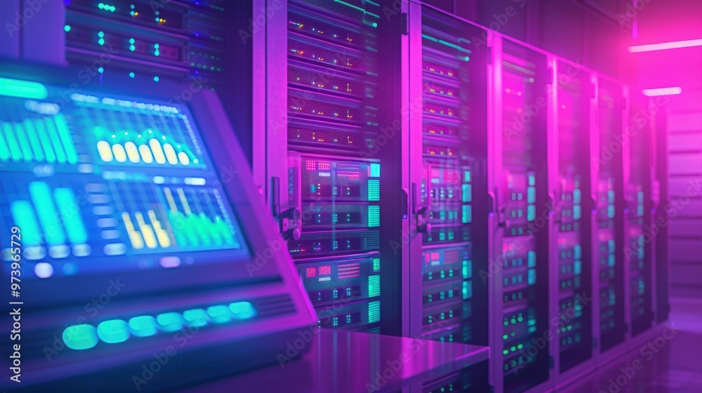 Cyberpunk Server Room: A mesmerizing view of a futuristic server room bathed in vibrant neon hues. The intricate network of servers hums with data, while the glowing control panel adds a touch of cybe Cyberpunk Server Room: A mesmerizing view of a futuristic server room bathed in vibrant neon hues. The intricate network of servers hums with data, while the glowing control panel adds a touch of cybe