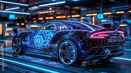 Futuristic Car with Neon Lights and Digital Lines