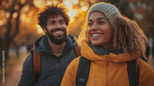 A couple walking in the park on a sunny day, smiling and enjoying outdoor time while working towards financial freedom.