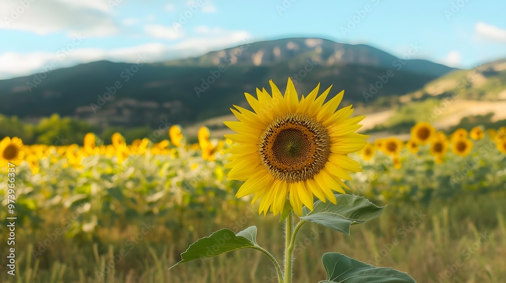 Fototapeta premium Vibrant sunflower in a field against a scenic backdrop, showcasing its bright yellow petals and rich texture.