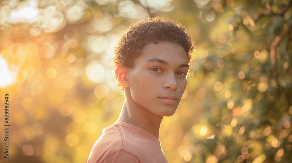 Golden Hour Gaze: A young man with contemplative expression bathed in the warm glow of sunset, amidst a bokeh of nature's beauty. Golden Hour Gaze: A young man with contemplative expression bathed in the warm glow of sunset, amidst a bokeh of nature's beauty.