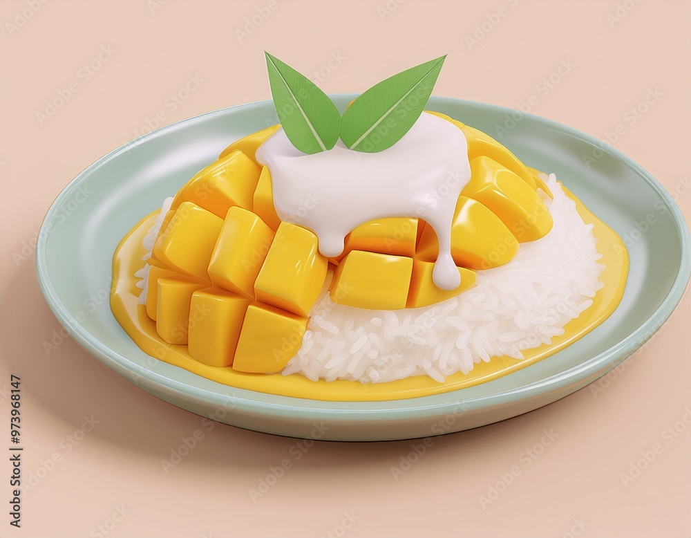 3D plate of mango sticky rice with coconut milk and green leaves, 3D illustration 3D plate of mango sticky rice with coconut milk and green leaves, 3D illustration