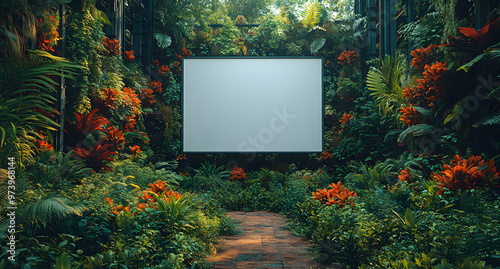 “A Mockup of an Empty White Outdoor Movie Screen in the Middle of a Scenic Park, Perfect for Displaying Concepts of Entertainment, Outdoor Events, and Open-Air Cinemas, Highlighting Leisure and Commun