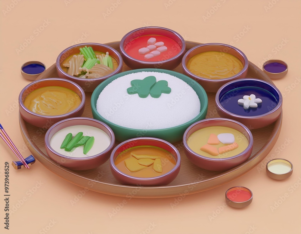 3D platter of colorful curries and rice ready to be enjoyed, 3D illustration 3D platter of colorful curries and rice ready to be enjoyed, 3D illustration
