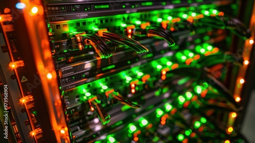 Server Rack with Glowing Lights: A close-up of a server rack with glowing green lights and orange accents, emphasizing the intricate network of cables and connections.