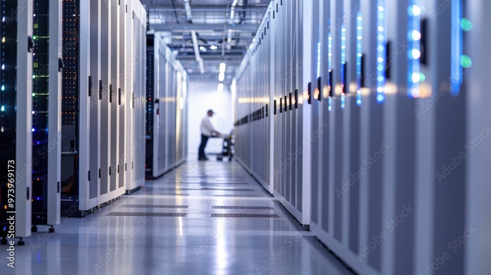 Data Center Security: A lone technician walks down a long corridor of gleaming server racks, highlighting the critical role of IT professionals in safeguarding digital. Data Center Security: A lone technician walks down a long corridor of gleaming server racks, highlighting the critical role of IT professionals in safeguarding digital.