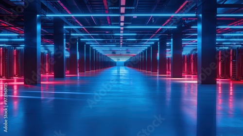 Neon Glow of the Data Center: A mesmerizing view down a long corridor of servers, bathed in an ethereal blue and red glow. The intricate network of cables and lights creates a sense of futuristic tech