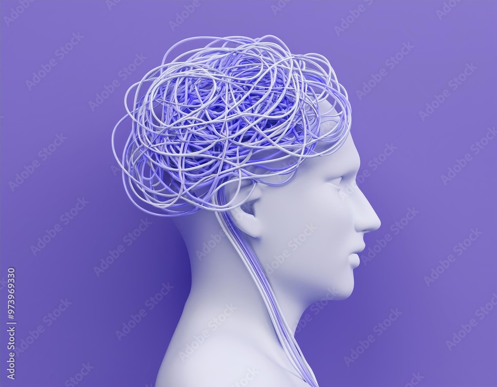 Obraz premium 3D white head with a tangled mess of purple and white string protruding from it, 3D illustration
