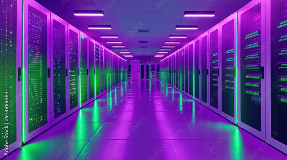 Neon Server Room: A futuristic and captivating view of a server room illuminated with vibrant neon lights, showcasing rows of towering servers. Neon Server Room: A futuristic and captivating view of a server room illuminated with vibrant neon lights, showcasing rows of towering servers.