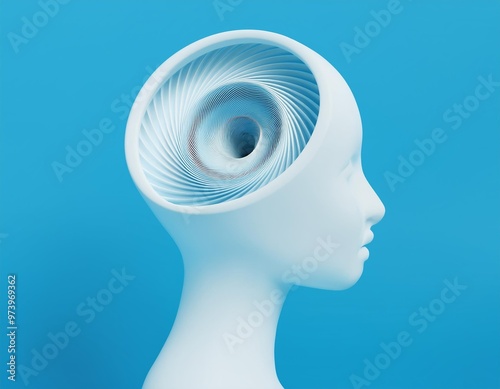 3D white head with an abstract spiral in place of the brain, 3D illustration