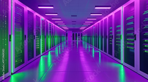 Neon Server Room: A futuristic and captivating view of a server room illuminated with vibrant neon lights, showcasing rows of towering servers.